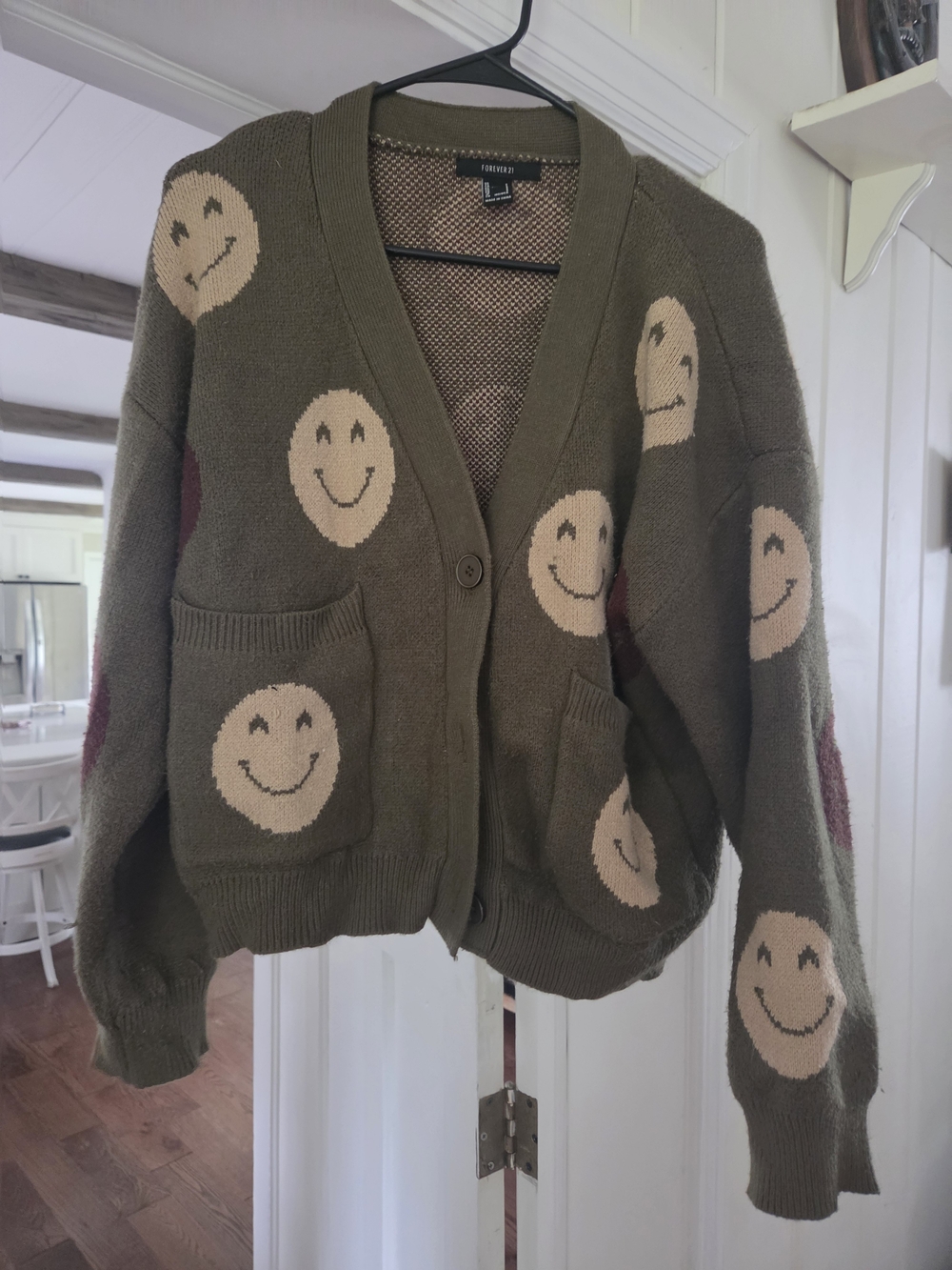 Forever 21 Olive Green Cardigan with Cream Smiley Faces